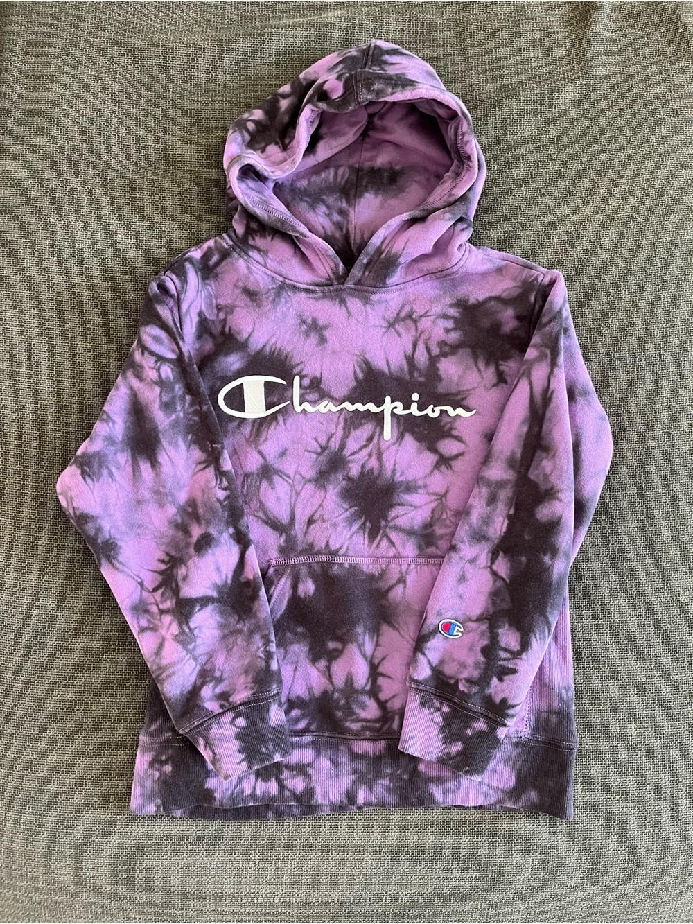 Champion Kids Galaxy Purple Tie Dye Script Logo Pullover Hoodie Size Small